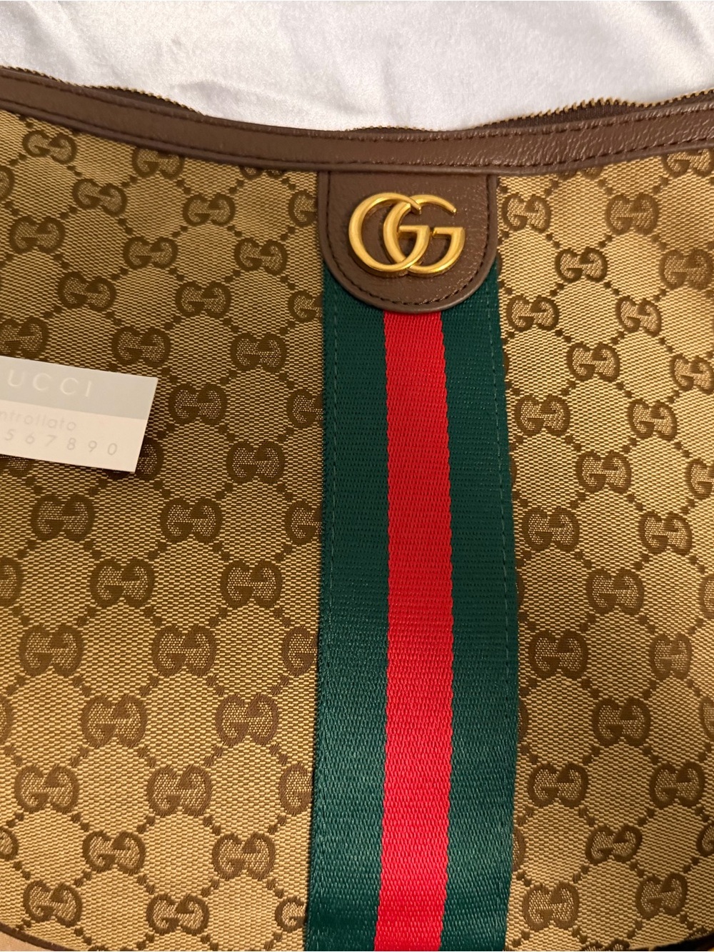 Gucci Brown Monogram GG Canvas Shoulder Bag with Green-Red Web Stripe